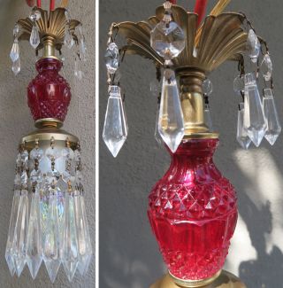 Vintage Ruby Glass Brass Hanging Mini Baby Swag Plugin Lamp Chandelier Crystal