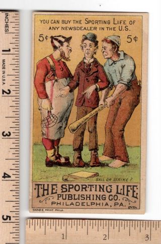 Baseball Sporting Life " Ball Or Strike " Tan Bottom Kalamazoo Bb Club Trade Card
