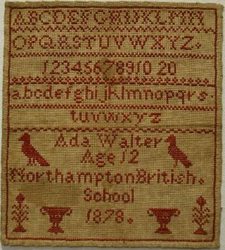 Small Mid/late 19th Century Red Stitch Work Sampler By Ada Walter Age 12 - 1878
