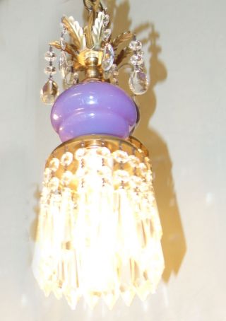 Vintage Purple Murano Art Glass Lamp Brass Mini Chandelier Crystal Prisms 25 " Crd