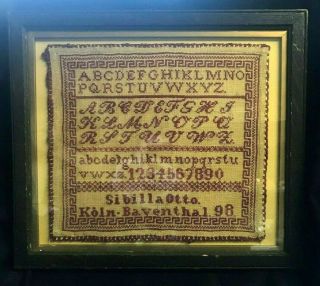 Antique Framed Alphabet Sampler Cross Stitch Embroidery Linen 1898 Baventhal