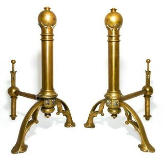 Rare Early 20th C Antique Pair Arts & Crafts Brass Andirons,  W/gothic Elements
