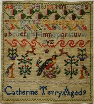 Mid/late 19th Century Bird & Motif Sampler By Catherine Terry Aged 9 - C.  1870