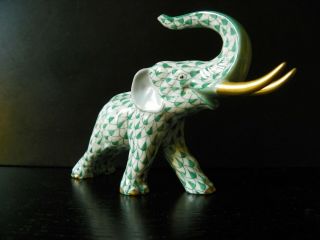 Vintage Herend Hand Painted Porcelain Trunk Up Elephant Figurine Fishnet Green