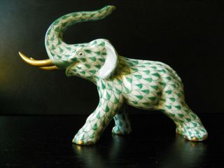 Vintage Herend Hand Painted Porcelain Trunk Up Elephant Figurine Fishnet Green 2