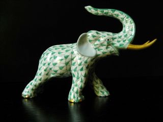 Vintage Herend Hand Painted Porcelain Trunk Up Elephant Figurine Fishnet Green 3