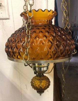 Vintage Retro Amber Quilted Glass Gwtw Style Hanging Light With Hurricane