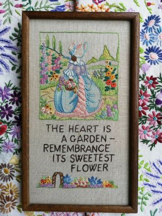 Vintage Embroidered,  Painted Crinoline Lady Floral Poem Picture