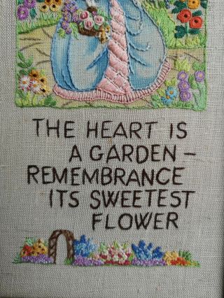 VINTAGE EMBROIDERED,  PAINTED CRINOLINE LADY FLORAL POEM PICTURE 2