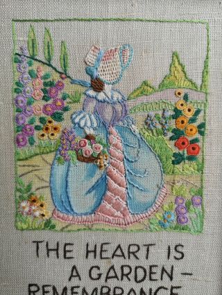 VINTAGE EMBROIDERED,  PAINTED CRINOLINE LADY FLORAL POEM PICTURE 3