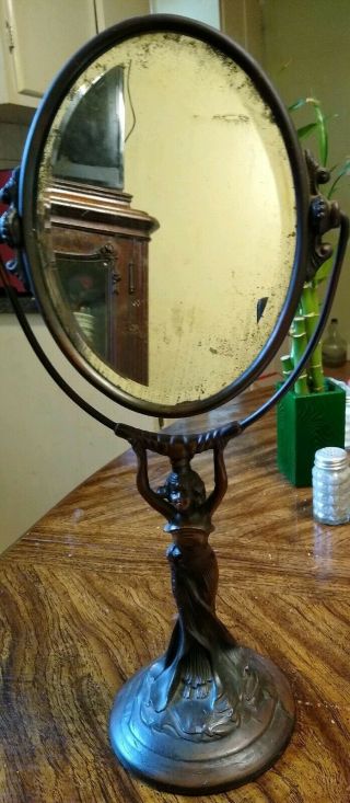 Antique Art - Nouveau Bronze Vanity Swivel Mirror With Female Figure Pedestal 17 ".