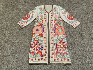 Multicolor Uzbek Vintage Rare Handmade Embroidery Suzani Jacket Coat Robe Dress