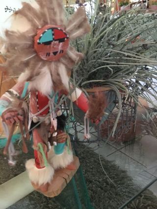 11” Navajo Indian Sun Face Kachina Doll - Real Fur & Feathers Signed.