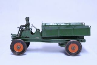 Early Pressed Steel Wind Up Kingsbury Dump Body Tractor In Green