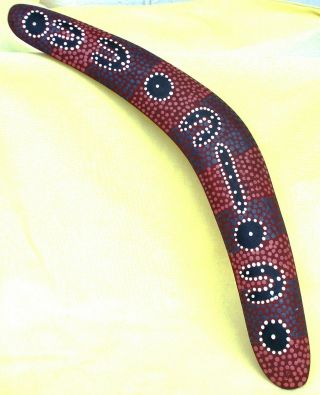 Attractive Aboriginal Carved Wood Dot Painted Boomerang Dark Earth Tones
