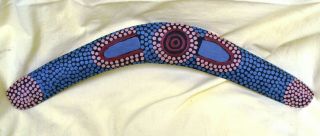 Aboriginal Carved Mulga Wood Dot Painted Boomerang Blue/brown Earth On Black