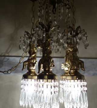 5lt Cherub Ceiling Fixture Brass Hanging Crystal Lamp Chandelier Lantern Vintage