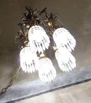 5lt Cherub ceiling fixture Brass hanging crystal lamp chandelier lantern Vintage 2