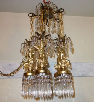 5lt Cherub ceiling fixture Brass hanging crystal lamp chandelier lantern Vintage 3