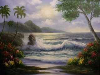 Vintage J.  Harvey Probably Hawaii Seascape Oil Painting 21 X 25 " Contemporary