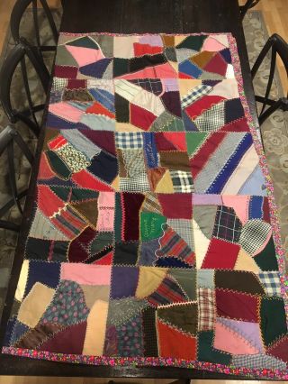 Primitive Vintage Quilt Hand Pieced Embroidered Crazy Quilt Quilted Americana
