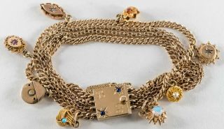 Antique 14k Yellow Gold 4 Chain Bracelet With 8 Victorian Stickpin Charms