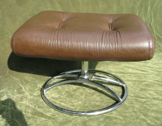 Ekornes Modern Brown Leather Tufted Footstool Ottoman Chrome Swivel
