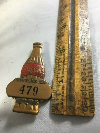 Vintage Coca Cola Bottle Shaped Pin Back Brass Employee Number 479 Indianapolis