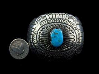 Vintage Navajo Bracelet - Large Wide Cuff - Sterling Silver And Turquoise