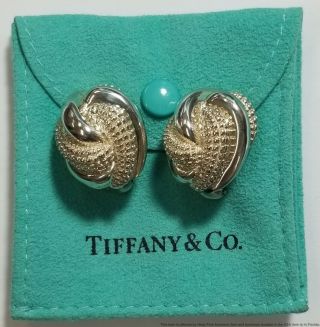 Vintage Tiffany Co Sterling Silver Large Textured Clip Back Earrings W Pouch