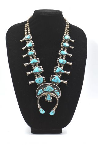 Old Pawn Southwest Turquoise Squash Blossom Necklace Sterling Silver 18 Stones