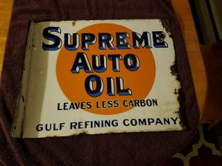Rare Supreme Auto Oil Gulf Porcelain Flang Sign
