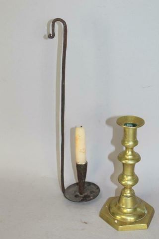A Very Rare Early 18th C Wrought Iron Hanging One Candle Loom Light Old Surface