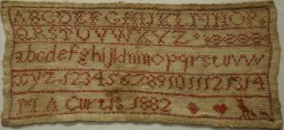 Small Late 19th Century Red Stitch Work Alphabet Sampler By M.  A.  Curtis - 1882