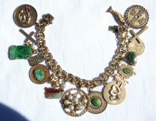 Vintage 14k Gold Charm Bracelet - Chinese Theme - W/jade And Pearls - 82 Gr.