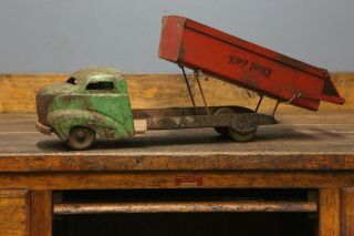 Vintage Antique Pressed Steel Toy Dump Truck Wooden Wheels Old Toy