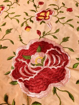 Antique 19th C.  Peach Silk Piano Shawl Scarf Embroidered Floral 49”,  18” Fringe