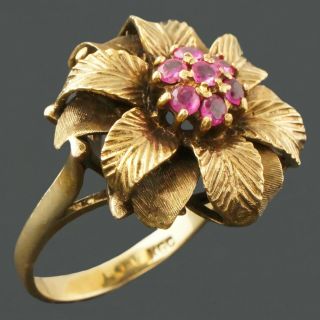 Solid 18k Yellow Gold, .  42 Cttw Pink Sapphire Detailed Flower Estate Ring
