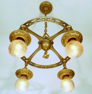 Vintage 1910s Antique Arts And Crafts 4 Light Hanging Ceiling Fixture Chandelier