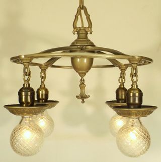 Vintage 1910s Antique Arts And Crafts 4 Light Hanging Ceiling Fixture Chandelier 3