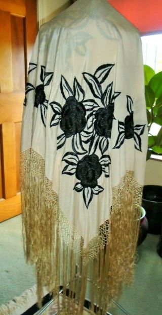 Vintage 1920s Cream & Black Embroidered Silk Piano Shawl Hand Knotted Fringe