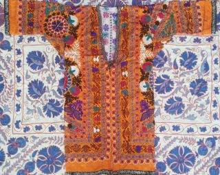 Antique Uzbek Orange Vintage Silk Rare Embroidery Suzani Robe Dress Coat Jacket