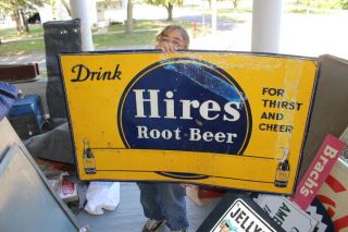 Large Vintage C1930 Hires Root Beer Soda Pop Gas Station 48 " Embossed Metal Sign