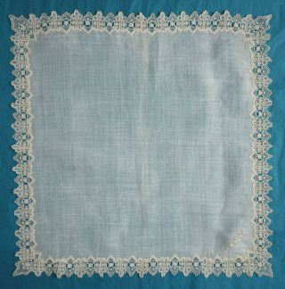 Antique 19th c Brussels point de gaze lace edged handkerchief - MAM monogram 2