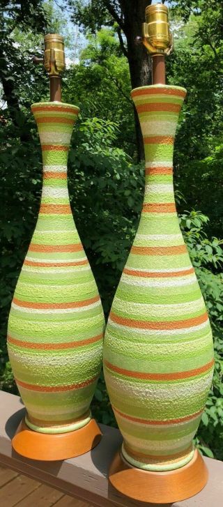 Vintage 60s Striped Ceramic Walnut Pottery Lamps Mid Century Mad Men Lighting