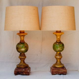(2) Large Vintage Distressed Painted Wood Table Lamps Shabby
