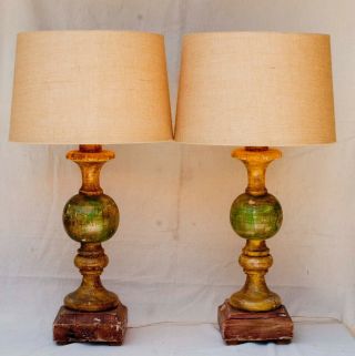 (2) Large Vintage Distressed Painted Wood Table Lamps Shabby 2