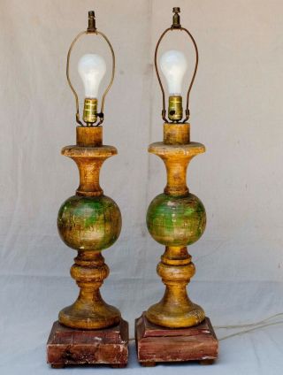 (2) Large Vintage Distressed Painted Wood Table Lamps Shabby 3
