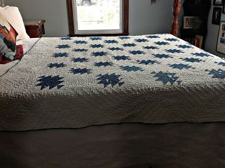 Antique Flying Geese Quilt Blue White 84x84