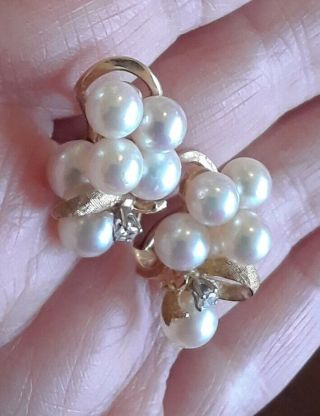☆ Gorgeous ☆ Vintage Diamond Pearl 18k Yellow Gold Cluster Earrings Satin Finish